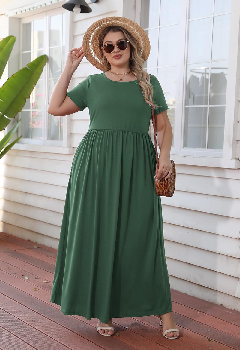 Nemidor Plus Size Maxi Dresses for Curvy Women Summer Casual Loose Short Sleeve Long Beach Dress with Pocket(149,20,Green) - Image 4